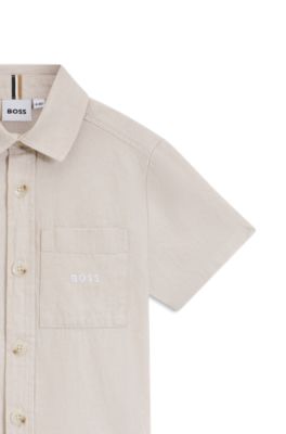 Kids' linen-cotton shirt with embroidered logo, White
