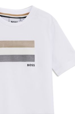 Camiseta de algod&oacute;n para ni&ntilde;os a rayas con logo de dise&ntilde;o, Blanco