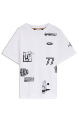 Kids' loose-fit cotton T-shirt with printed badges, White