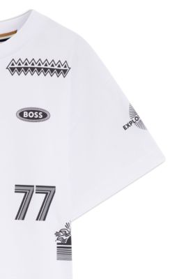 Kids' loose-fit cotton T-shirt with printed badges, White