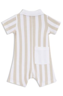 Baby romper in striped cotton with polo collar, Beige