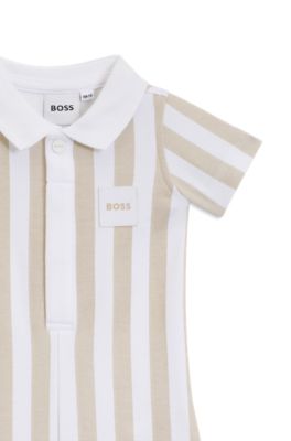 Baby romper in striped cotton with polo collar, Beige