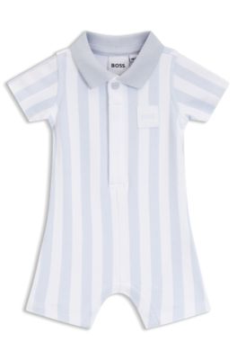 Baby romper in striped cotton with polo collar, Light Blue