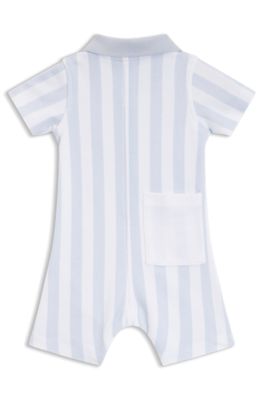 Baby romper in striped cotton with polo collar, Light Blue