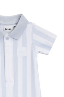 Baby romper in striped cotton with polo collar, Light Blue