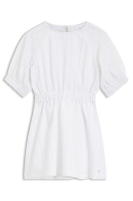 Vestido para ni&ntilde;as en sirsaca a rayas con mangas abullonadas, Blanco