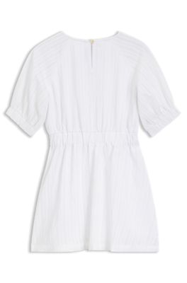 Vestido para ni&ntilde;as en sirsaca a rayas con mangas abullonadas, Blanco