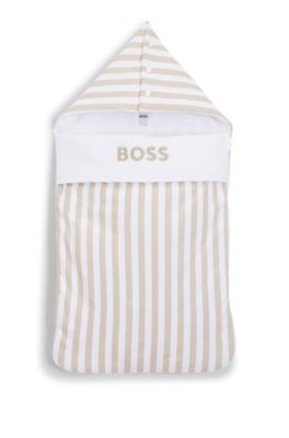 Striped cotton baby nest with embroidered logo, Beige