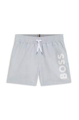 Kids' swim shorts with vertical logo, Light Blue