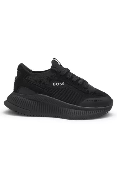 Kids' sneakers with knit uppers and suede trim