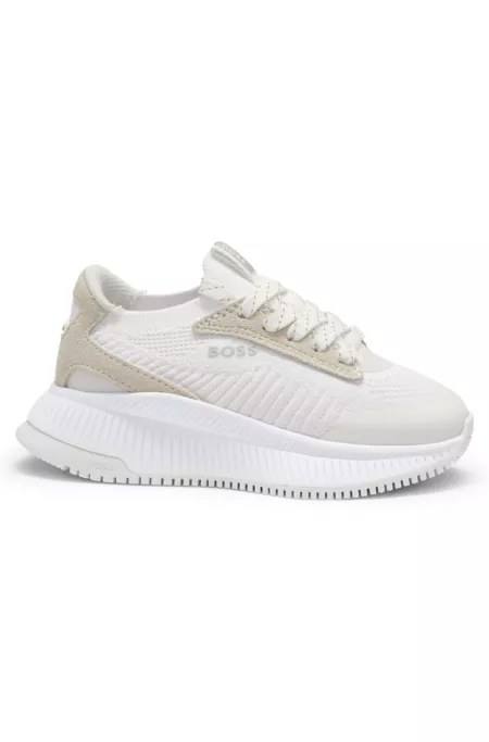Kids' sneakers with knit uppers and suede trim