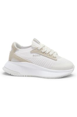 Kids' sneakers with knit uppers and suede trim, White