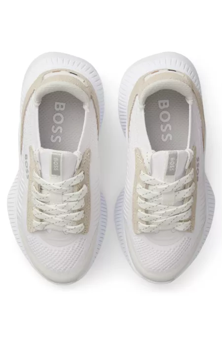 Kids' sneakers with knit uppers and suede trim