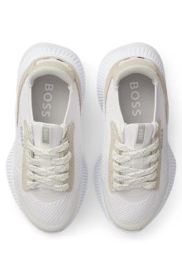 Kids' sneakers with knit uppers and suede trim, White