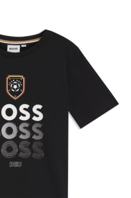 Kids' cotton T-shirt with soccer artwork, Black