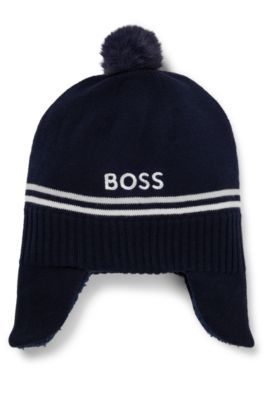 Hugo Boss Baby Knitted-cotton Hat With Ear Flaps And Pompom In Dark Blue