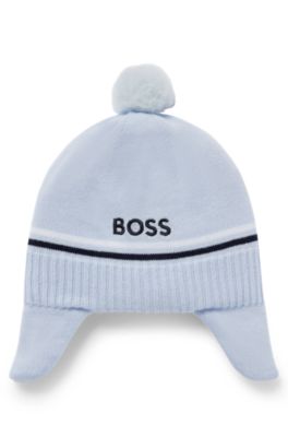 Hugo Boss Baby Knitted-cotton Hat With Ear Flaps And Pompom In Light Blue
