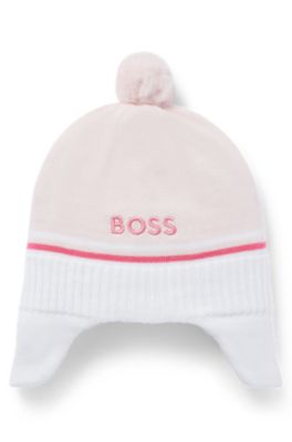 Hugo Boss Baby Hat In Knitted Cotton With Logo And Pompom In Light Pink