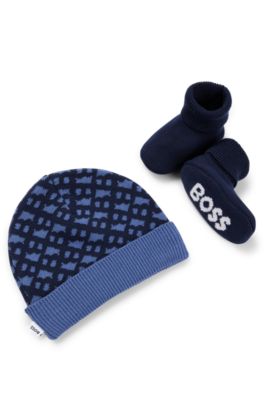 Gift-boxed hat and slipper set for babies, Dark Blue