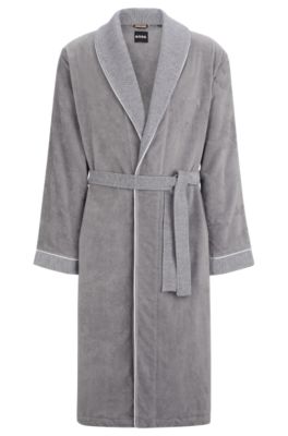 Grey cotton-velvet dressing gown with textured trims, Grey