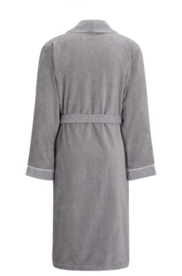Grey cotton-velvet dressing gown with textured trims, Grey