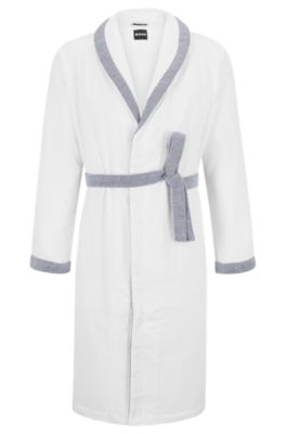 Embroidered-logo white dressing gown in cotton velvet, White