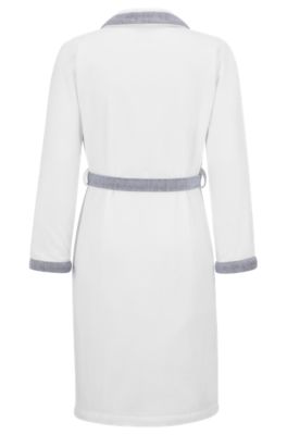 Embroidered-logo white dressing gown in cotton velvet, White