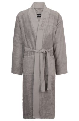 Logo-lapel grey dressing gown in long-fibre cotton, Grey