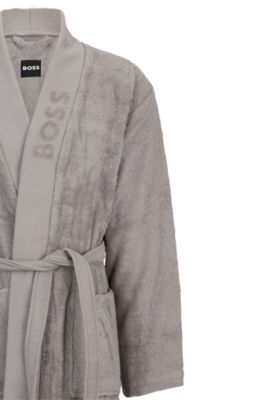Logo-lapel grey dressing gown in long-fibre cotton, Grey