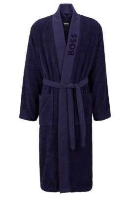 Logo-lapel grey dressing gown in long-fibre cotton, Dark Blue