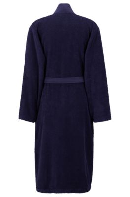 Logo-lapel grey dressing gown in long-fibre cotton, Dark Blue