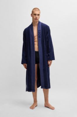 Logo-lapel grey dressing gown long-fibre cotton