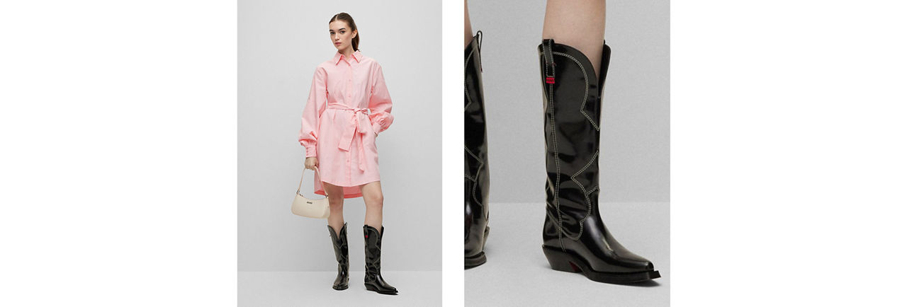 Pink belted dress with black boots for Women by HUGO