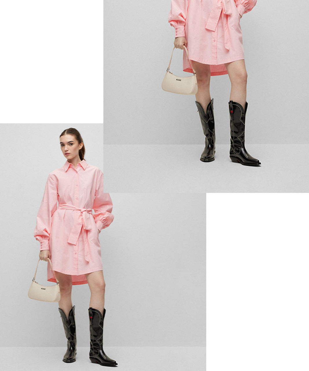 Pink belted dress with black boots for Women by HUGO