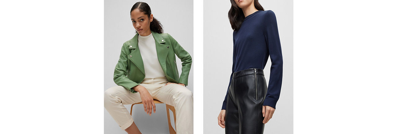 Green leather jacket and black leather skirt for Women