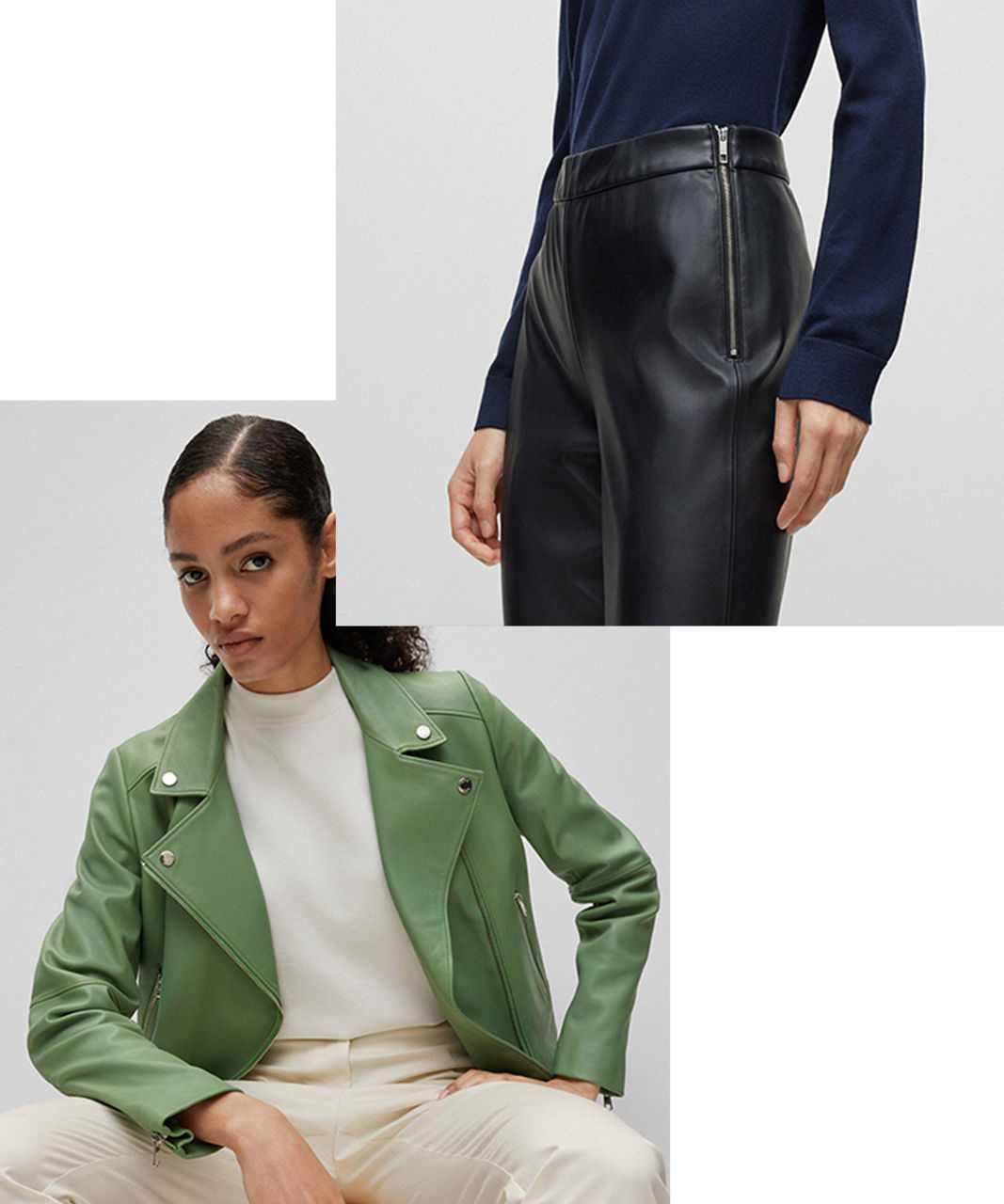 Green leather jacket and black leather skirt for Women