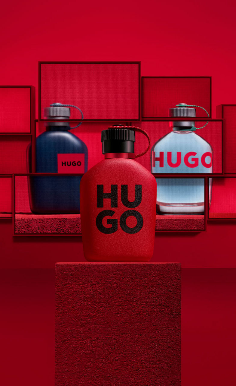 A campaign image of HUGO fragrances