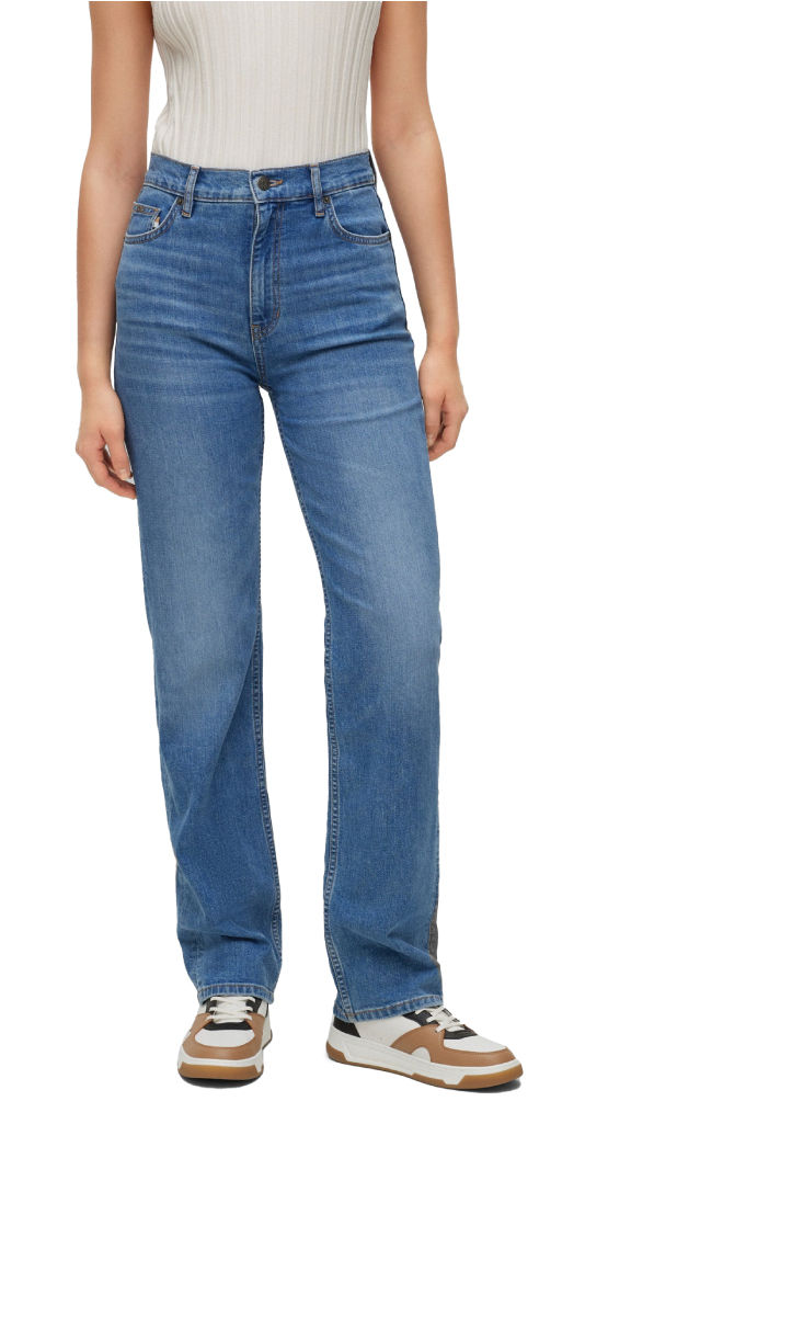 model wearing straight fit denim 