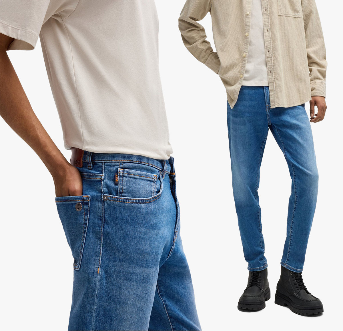 A model wearing a tapered fit jean by BOSS