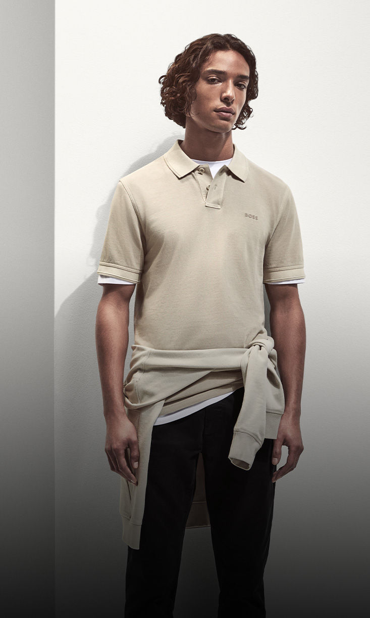 model wearing everyday casual outfit in nude colors by boss