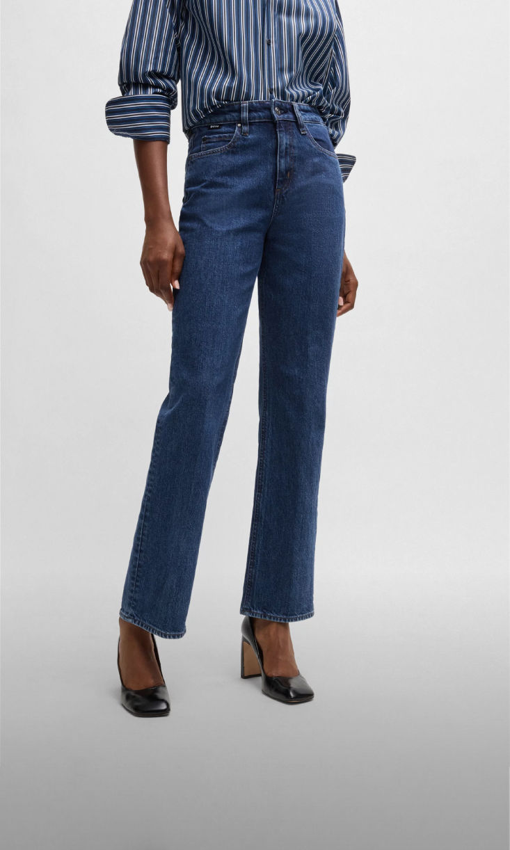 model wearing straight fit denim 