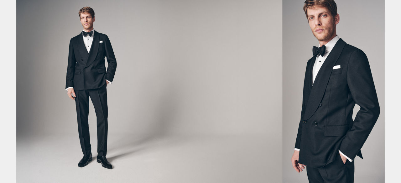 Model wearing a black smoking