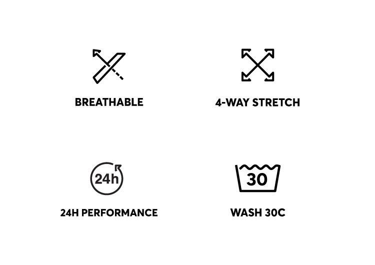 main information on material: 4-way stretch, breathable, 24h performance, wash at 30 degrees celcius