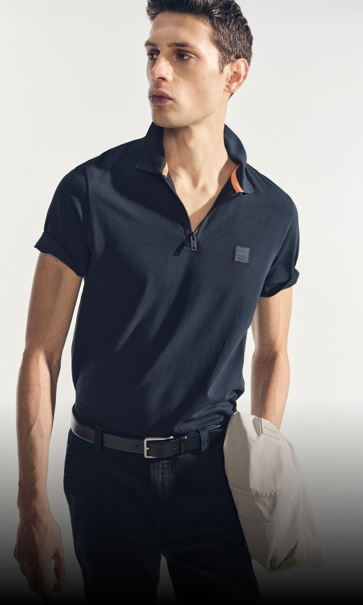 model wearing everyday casual outfit in nude colors by boss