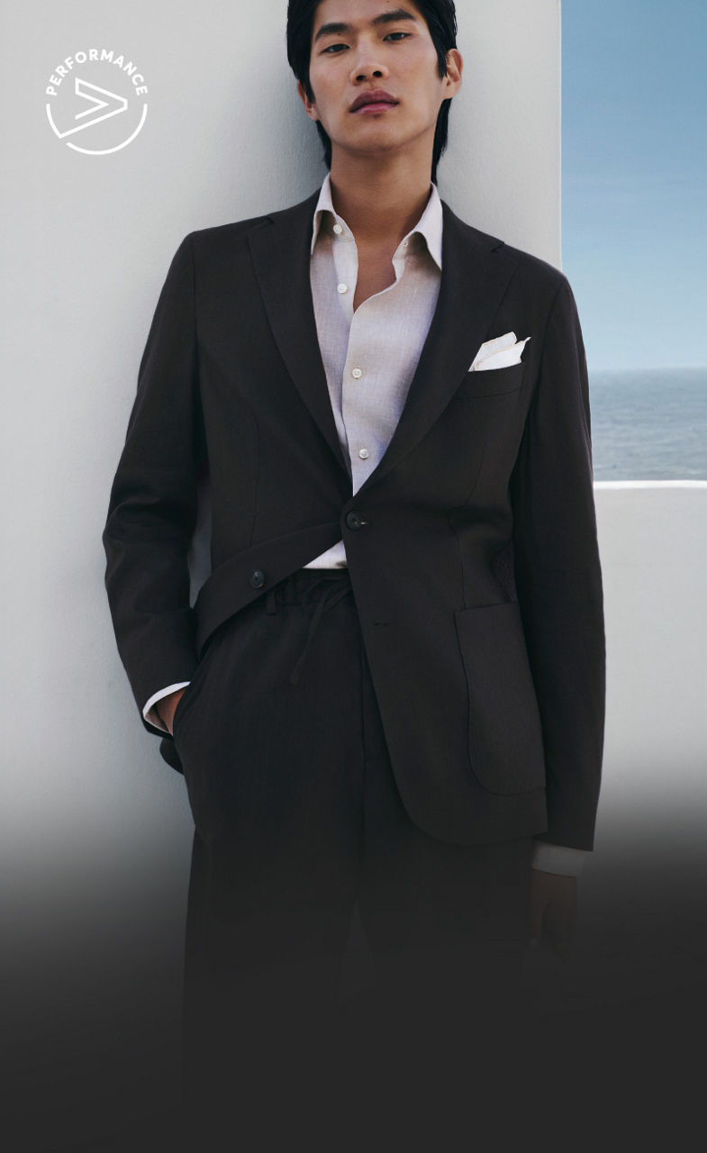 male model in the new BOSS Performance Tech Linen suit