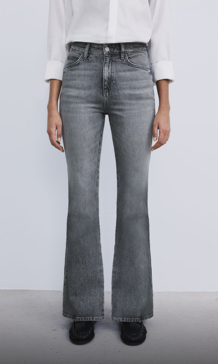 model wearing flare fit denim 