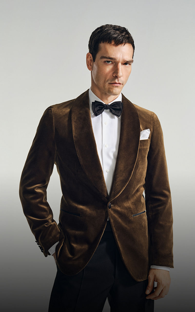 Model wearing a grey heritage suit 