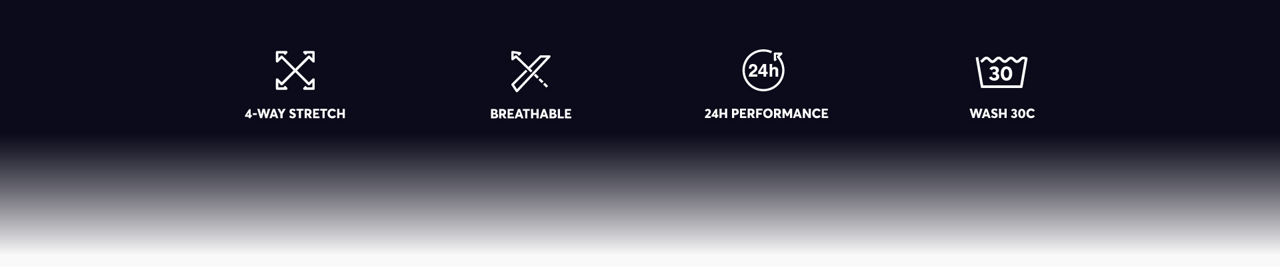 main information on material: 4-way stretch, breathable, 24h performance, wash at 30 degrees celcius