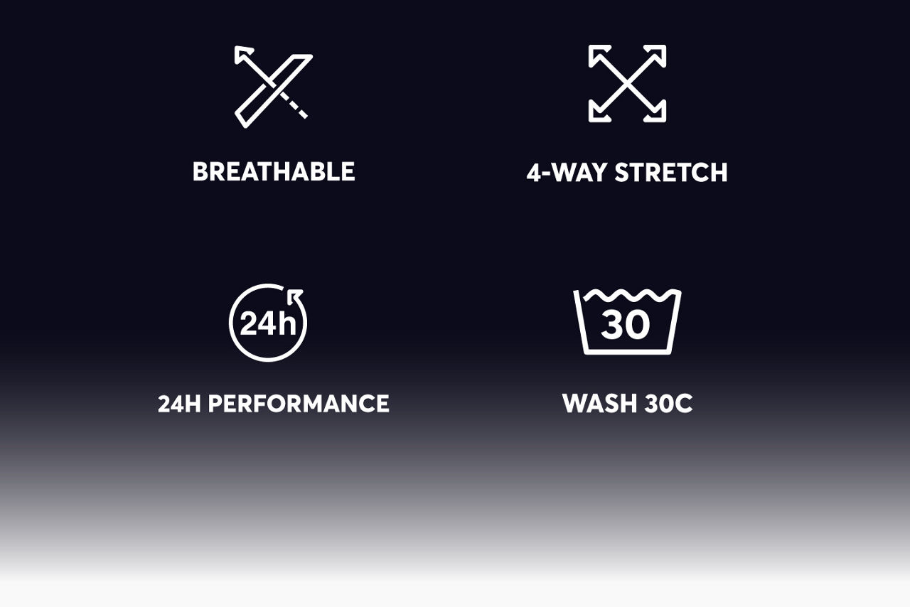 main information on material: 4-way stretch, breathable, 24h performance, wash at 30 degrees celcius