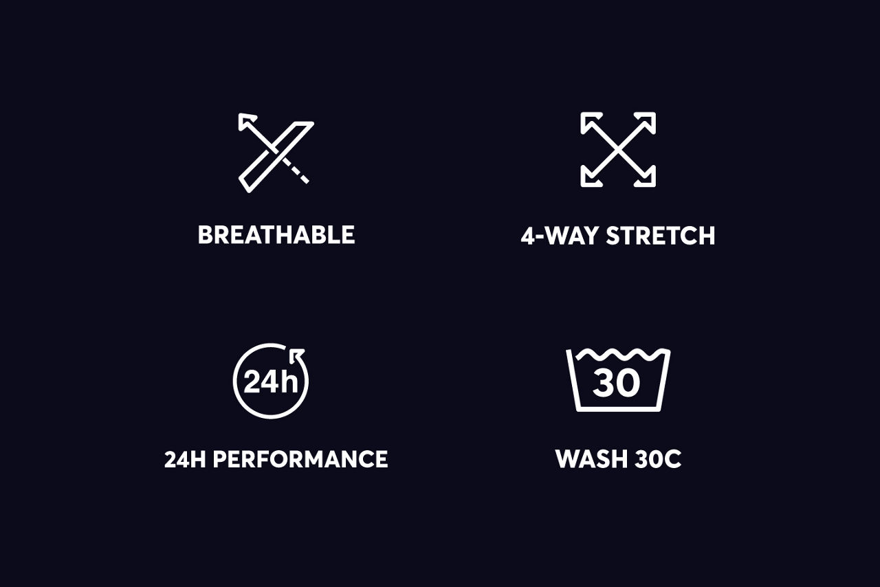 main information on material: 4-way stretch, breathable, 24h performance, wash at 30 degrees celcius